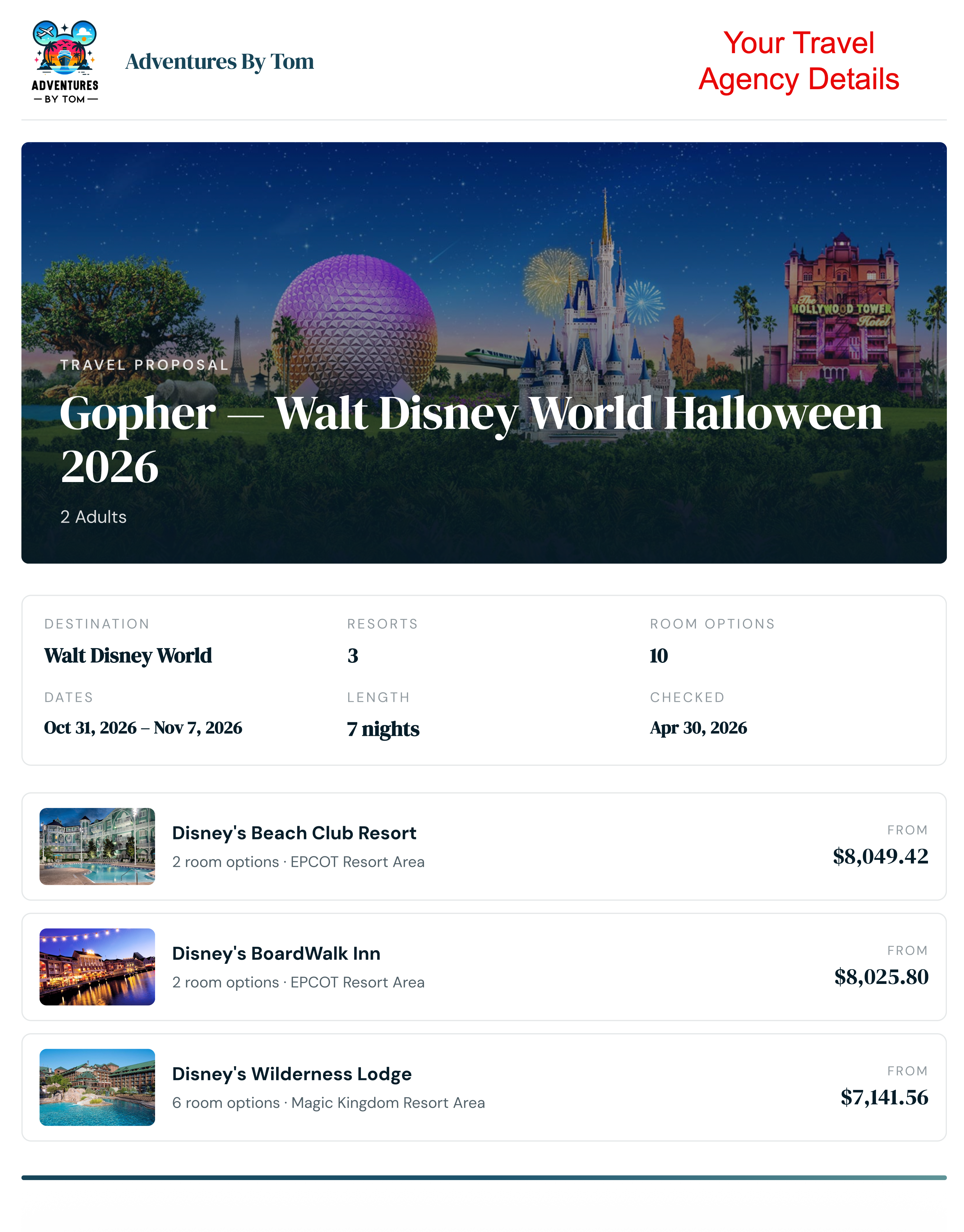 A real branded quote PDF generated by Room Genie for Adventures By Tom — Walt Disney World Halloween 2026, 7 nights, 3 resort options